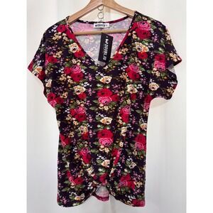 DOUBLJU Womens Plum Floral V-Neck Twist Front Knot Top Blouse NWT Medium